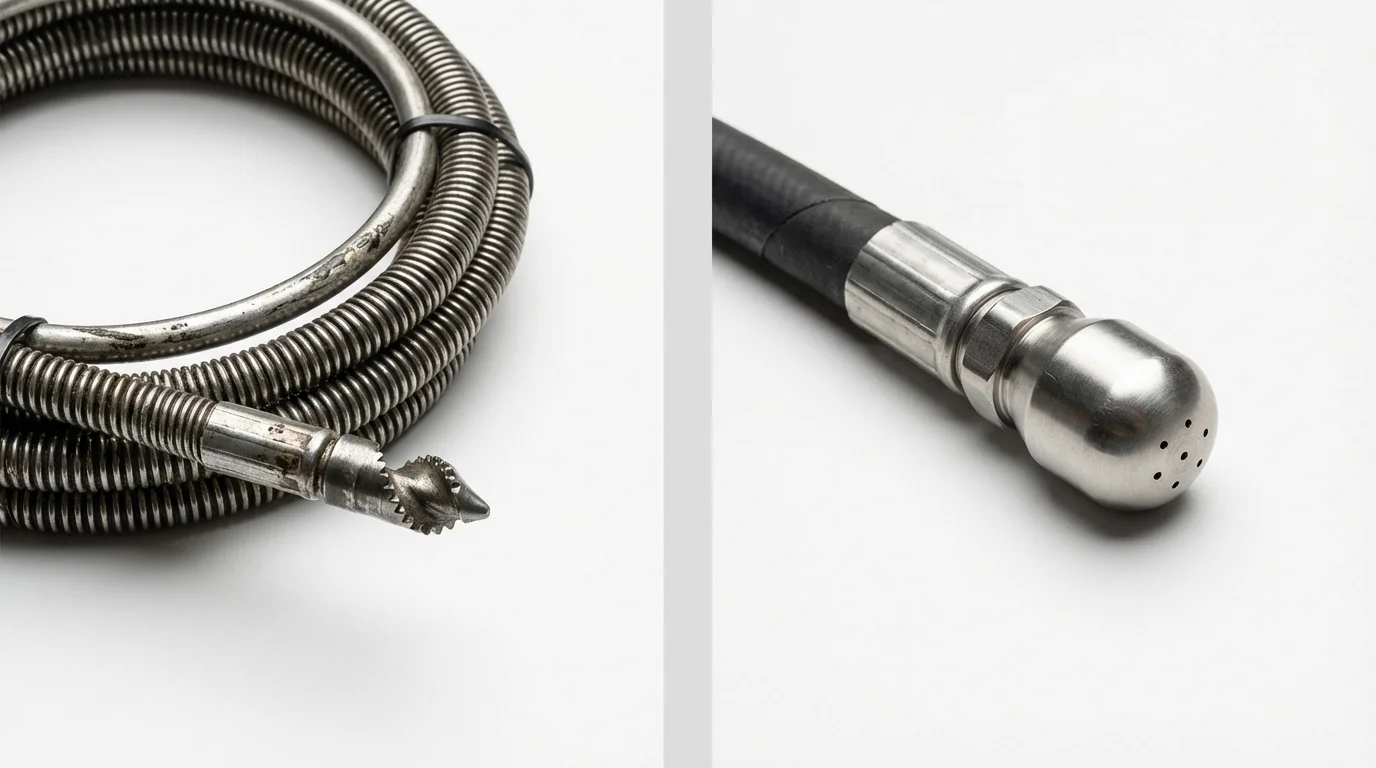 Drain snake cable and hydro jetting nozzle used for drain cleaning in Perry, NY