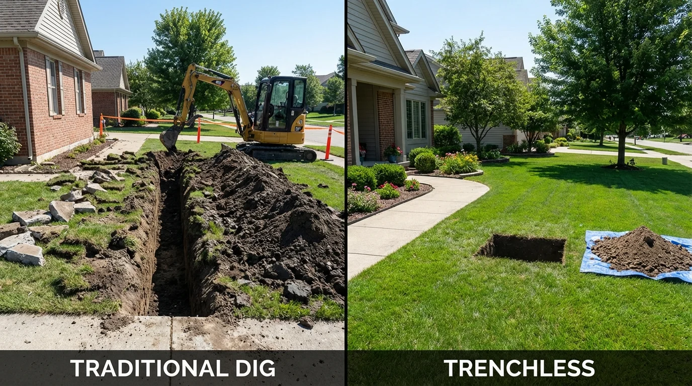 Trenchless sewer repair with minimal yard damage versus traditional excavation in Perry, NY
